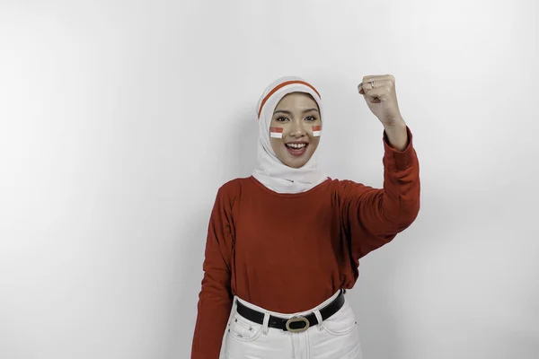 Egy Fiatal Ázsiai Muszlim Boldog Sikeres Kifejezéssel Piros Felső Fehér — Stock Fotó
