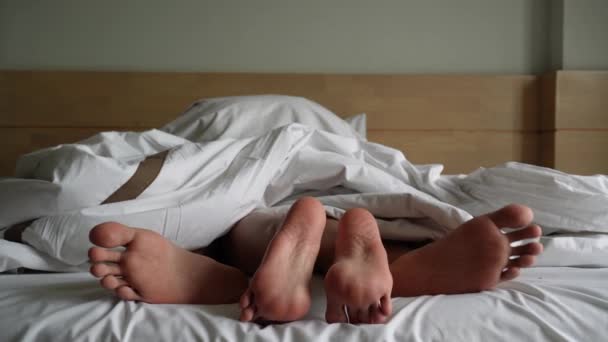Young Couple Lying Bed Bedroom Woman Man Lying Bedroom — Stock Video