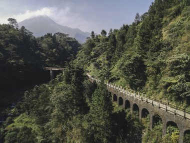 Plunyon, Yogyakarta, Endonezya 'daki ormanın ortasındaki bir köprünün insansız hava aracı görüntüsü