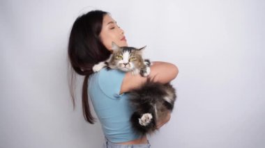 Sarı gözlü sevimli bir angora kedisi tutan genç Asyalı kadın. Beyaz arka planda, sevimli, uzun saçlı kediciğine sarılan bir kadın. Tapılası evcil hayvan konsepti.