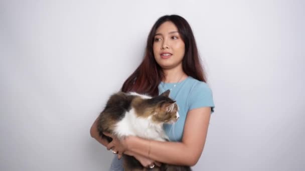 Jovem Mulher Asiática Alegre Segurando Abraçando Gato Angorá Bonito Com — Vídeo de Stock