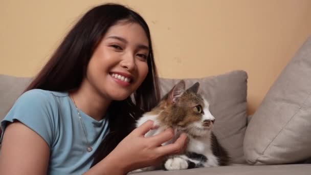 아시아 여자는 고양이를 애무하고 행복한 감정을 거실에 사랑스러운 — 비디오