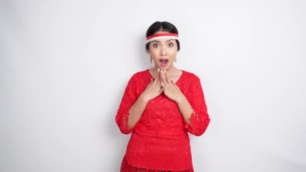 Shocked Asian Woman Wearing Red Kebaya Headband While Her Mouth Royalty Free Stock Footage
