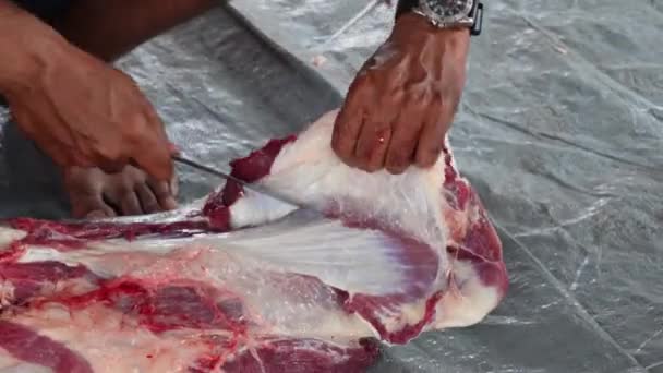 Açougueiro Corta Carne Crua Cabra Com Uma Faca Conceito Ied — Vídeo de Stock