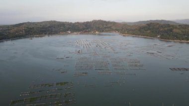 Kedi balığı gibi gölde balık yetiştirmenin hava günbatımı görüntüsü dalgıçlara alternatif olarak besin besinidir..