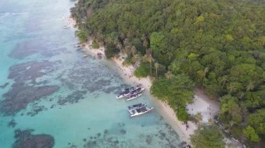 Jepara, Endonezya 'daki Karimunjawa Adaları' ndaki Tanjung Kelam Sahili 'nin havadan görüntüsü. Uzak Ada, mercan resifleri, beyaz kumlu plajlar.