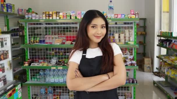 Smiling Asian Woman Posing Arms Folded Cashier Wearing Black Apron Stock Footage