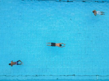 Yüzme havuzunda yüzen insanların havadan görünüşü. Üst Görünüm Görüntüsü