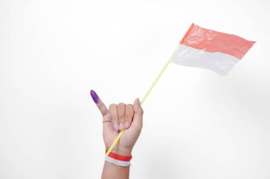 Endonezya seçimleri ya da Pemilu 'ya oy verdikten sonra beyaz arkaplan üzerinde izole edilmiş, küçük bir bayrak taşıyan el bayrakları takan el grubu, mor mürekkebe batırılmış küçük parmağını gösteriyor.