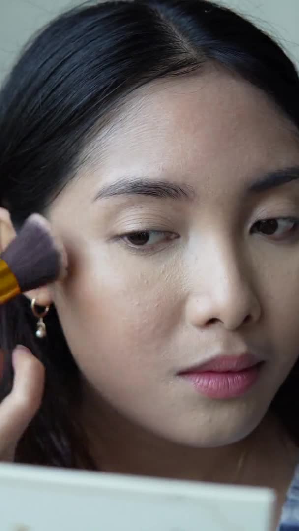 Close Portrait Beautiful Young Asian Woman Applying Make Using Make Royalty Free Stock Video