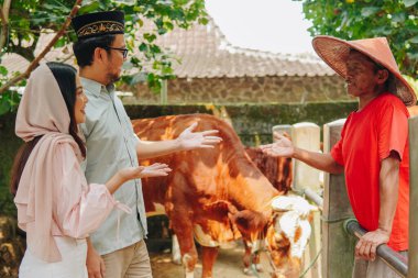 Genç Asyalı Müslüman çift, kurban etmek için sığır çobanlarıyla pazarlık yapıyor. Kurban Bayramı kavramı.