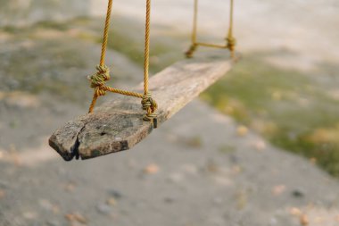 Parkta ağaçta asılı duran bir ağaçtan salıncak, doğal arka plan. Açık hava ve rahatlama kavramı.