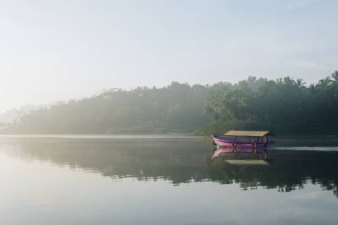 Sermo Gölü, Yogyakarta, Endonezya 'da sisli bir gökyüzü ve doğa geçmişi olan sakin bir göl üzerinde sabah manzarası var..