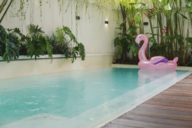 Pembe şişme flamingo havuzda yüzer. Havuz arka bahçede ve güvertede iki tane şezlong var..