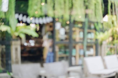 Blurry image of a cafe or restaurant exterior with glass walls and hanging ornamental plants.