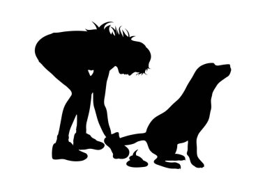 Köpeğiyle beyaz arka plana kaka yapan bir kadının vektör silueti. Hayvan, hayvan, yürüyüş, park, dışkı sembolü.