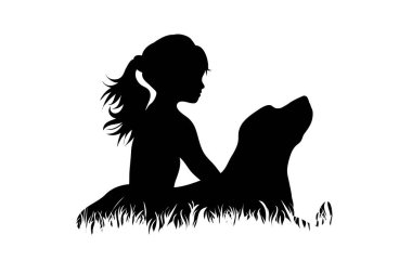 Beyaz arka planda çimlerde köpekle oynayan çocuğun vektör silueti. Arkadaşların ve eğlenceli aktivitelerin sembolü, park.
