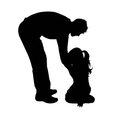 Babasının vektör silueti ve kızı beyaz arka planda. Aile sembolü, özen, koruma.