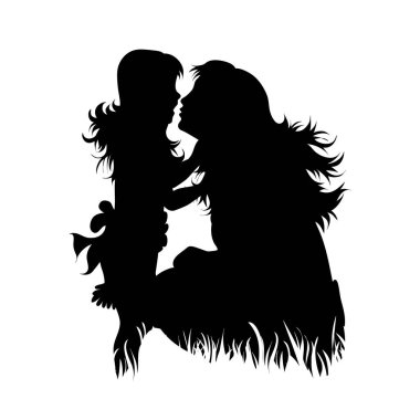 Annesinin silueti ve kızı beyaz arka planda çimlerin üzerinde. Ailenin sembolü, anne..