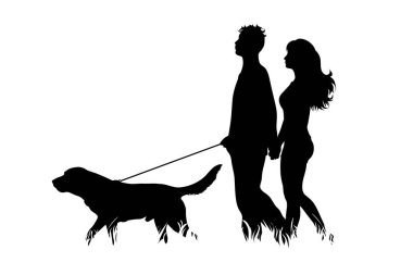 Beyaz arka planda köpekleri ile çimlerin üzerinde yürüyen çiftlerin vektör silueti. Hayvanın sembolü, evcil hayvan, arkadaşlar, yürüyüş.