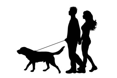 Beyaz arka planda köpekleri ile gezen çiftlerin silueti. Hayvanın sembolü, evcil hayvan, arkadaşlar, yürüyüş.
