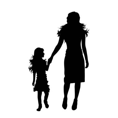 Beyaz arka planda kızıyla yürüyen kadın silueti. Ailenin sembolü, anne..