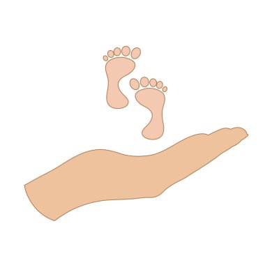 Bebeği koruyan bir el savunma hareketinin vektör çizimi. Sigorta sembolü, erkek, kız, çocuk, koruma, ayak.