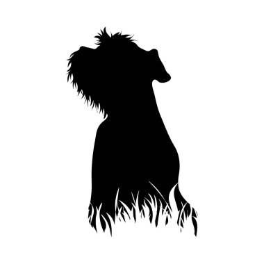 Beyaz arka planda çimlerin üzerinde köpek silueti var. Hayvanların, hayvanların, parkın, doğanın sembolü..