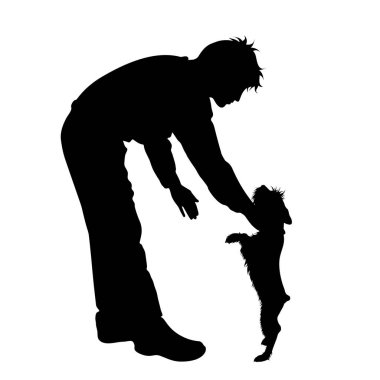 Beyaz arka planda köpeklerle oynayan adamın vektör silueti. Arkadaşların ve eğlenceli aktivitelerin sembolü.