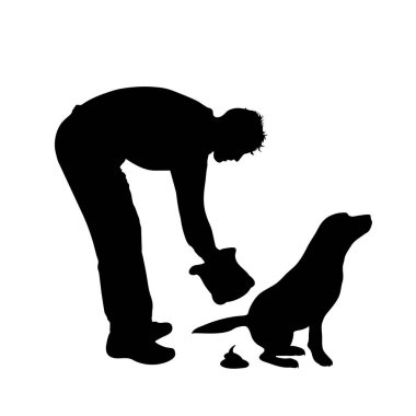 Köpeğiyle beyaz arka plana kaka yapan bir kadının vektör silueti. Hayvan, hayvan, yürüyüş, park, dışkı sembolü.