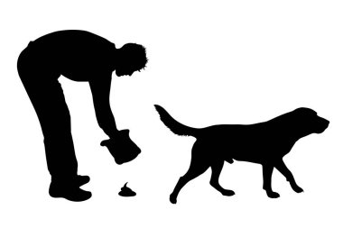 Köpeğiyle beyaz arka plana kaka yapan bir kadının vektör silueti. Hayvan, hayvan, yürüyüş, park, dışkı sembolü.