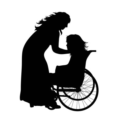 Beyaz arka planda tekerlekli sandalyede oturan kızıyla annesinin vektör silueti. Aile, kız, annelik, bakım, sağlıklı, engelli, engelli sembolü.