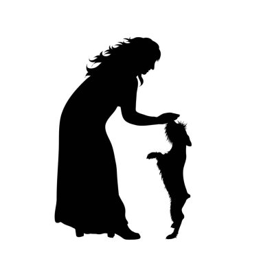 Beyaz arka planda köpekli bir kadının vektör silueti. Kız, arkadaş, hayvan, hayvan, spor sembolü.