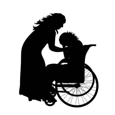 Beyaz arka planda tekerlekli sandalyede oturan kızıyla annesinin vektör silueti. Aile, kız, annelik, bakım, sağlıklı, engelli, engelli sembolü.