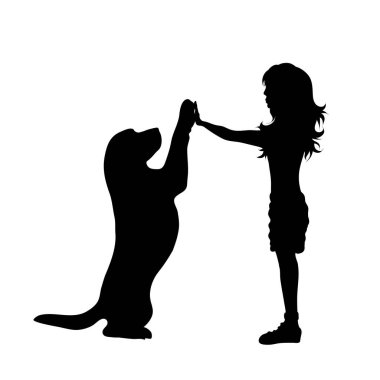 Beyaz arka planda köpekli çocuk silueti. Arkadaşlığın sembolü, ilgi, hayvan, kız.