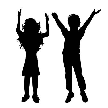 Beyaz arkaplanda çocukların silueti var. Çocuk sembolü, kız, erkek kardeş, kız kardeş, özgür, komik