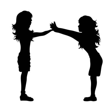 Beyaz arkaplanda çocukların silueti var. Çocuk sembolü, kız, erkek kardeş, kız kardeş, özgür, komik