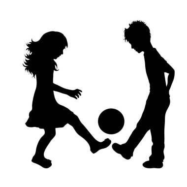 Beyaz arkaplanda çocukların silueti var. Çocuk sembolü, kız, erkek kardeş, kız kardeş, özgür, komik