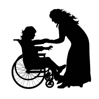 Beyaz arka planda tekerlekli sandalyede oturan kızıyla annesinin vektör silueti. Aile, kız, annelik, bakım, sağlıklı, engelli, engelli sembolü.