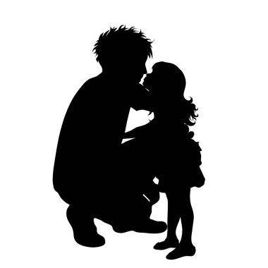 Babasının vektör silueti ve kızı beyaz arka planda. Aile sembolü, kız çocuğu, özen.