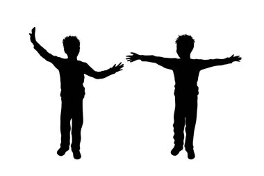 Beyaz arkaplanda çocukların silueti var. Çocuk sembolü, kız, erkek kardeş, kız kardeş, erkek kardeş, özgür, komik