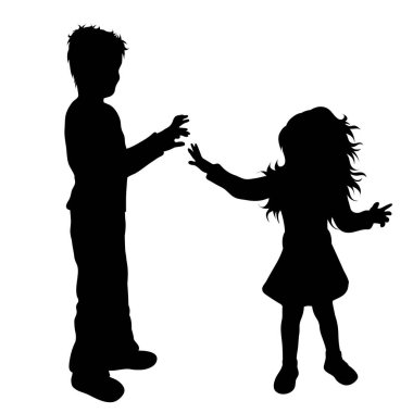 Beyaz arka planda küçük bir kıza zorbalık eden oğlanın vektör silueti. Çocuk sembolü, kardeşler, kız kardeş, erkek kardeş, şiddet, sinir.