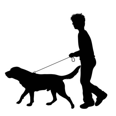 Beyaz arka planda köpekle yürüyen bir çocuğun vektör silueti. Arkadaşlığın sembolü, özen, hayvan, çocuk.