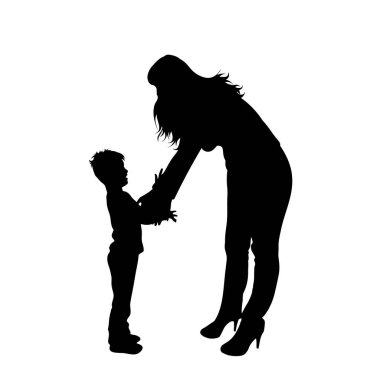 Beyaz arka planda oğlu olan bir annenin vektör silueti. Aile, çocuk, annelik sembolü.