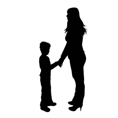 Beyaz arka planda oğlu olan bir annenin vektör silueti. Aile, çocuk, annelik sembolü.