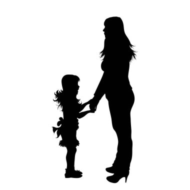 Beyaz arka planda kızı olan bir annenin vektör silueti. Aile, çocuk, annelik sembolü.