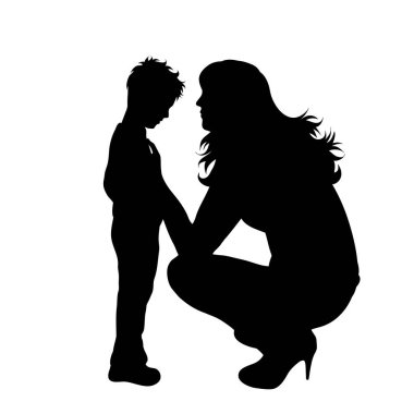 Beyaz arka planda ağlayan annesiyle oğlunun vektör silueti. Aile, çocuk, annelik, hüzün sembolü.