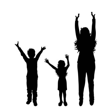 Beyaz arka planda çocukları olan anne silueti. Aile sembolü, kız, oğul, kardeşler, mutlu.