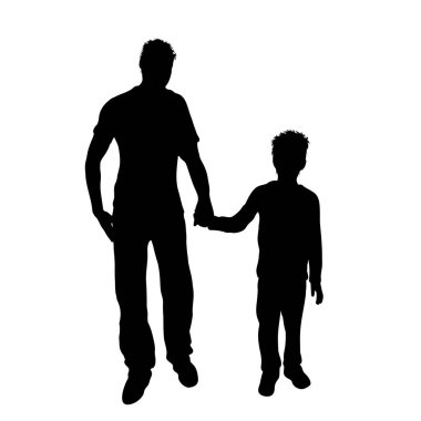 Beyaz arka planda oğlu olan bir babanın vektör silueti. Aile sembolü, çocuk..