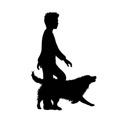 Beyaz arka planda köpekle yürüyen bir çocuğun vektör silueti. Arkadaşlığın sembolü, özen, hayvan, çocuk.